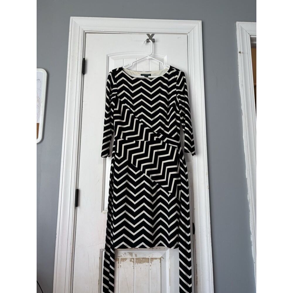 RALPH LAUREN‎ Black off White Zig Zag Faux Wrap Stretch Dress 3/4 Size 8